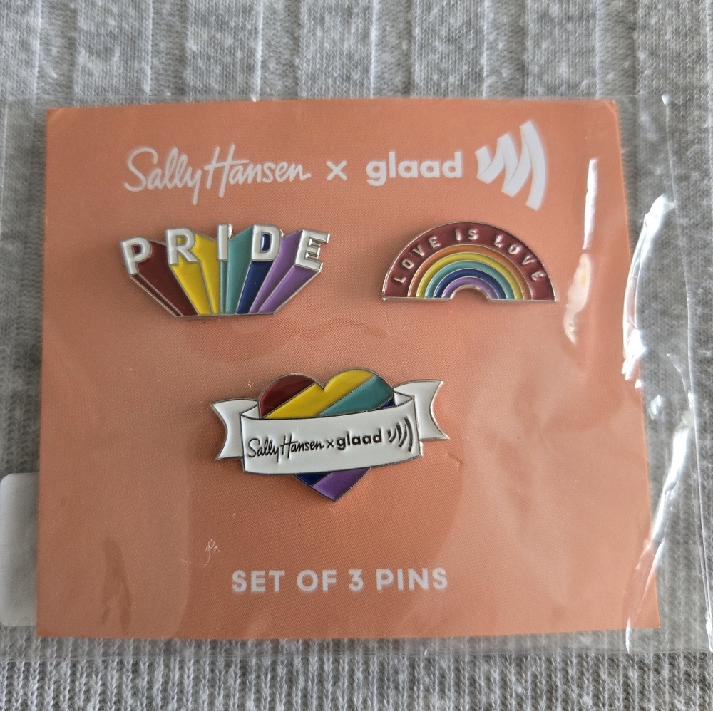 New Set of 3 Sally Hansen x GLAAD Pride Pins Set Rainbow enamel pins